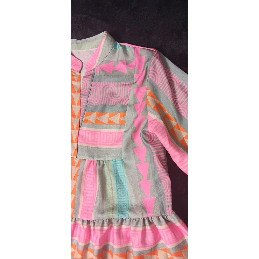 Boho Linen Blend Tiered Bell Sleeve Tunic Dress Small Aztec Geometric Lagenlook - Picture 5 of 11